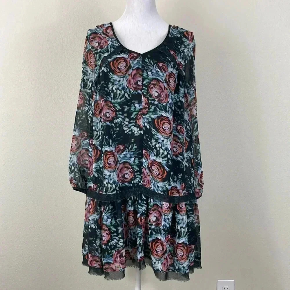 Maeve Anthropologie rose floral long sleeve dress size xs
